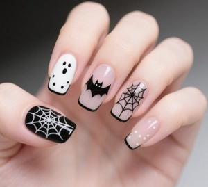 Close-up of Halloween press-on nails featuring spider web, ghost, and bat patterns