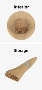Detail of khaki sun hat showing breathable mesh, sweatband, and foldable storage design