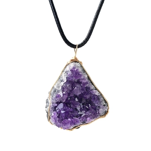 Natural raw amethyst geode necklace pendant wrapped in gold wire with black cord