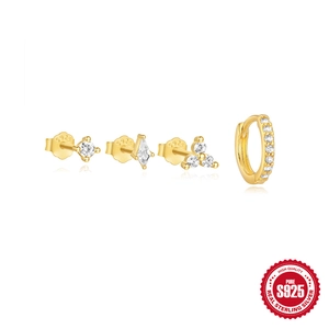 S925 sterling silver geometric earring set with gold finish and sparkling zircon stones