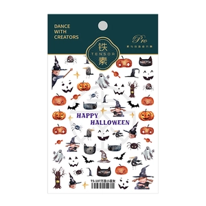 Halloween nail art stickers with pumpkin, ghost and witch designs on white background