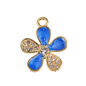 Golden flower pendant with blue enamel and sparkling crystals for DIY jewelry making