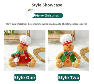 Detailed macro view of large gingerbread man dolls in festive knitted chef outfits