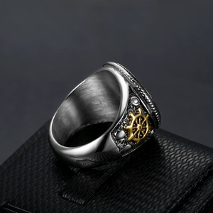 Vintage stainless steel pirate helm ring for men with silver finish and gold rudder
