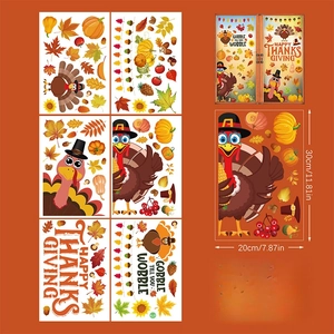 Detailed view of 6-sheet Thanksgiving static window clings with turkey and pumpkin motifs