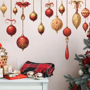Christmas wall decals featuring red and gold hanging ornaments on a cozy background
