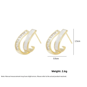 Double-layered gold C-shape stud earrings with rectangle zircons and white enamel