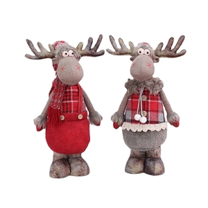 Standing Christmas reindeer plush dolls in red and grey fabric for holiday home decoration