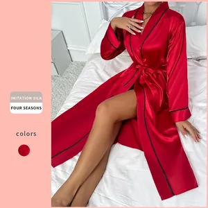 Damen Langer Satin Bademantel KunstSatin V-Ausschnitt Bindegürtel Kontrastpaspel Seitenschlitz Eleganter Nachtwäsche