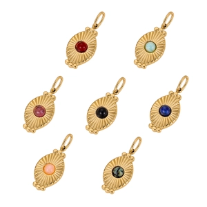 Retro stainless steel sunburst pendants with colorful natural stones in gold finish