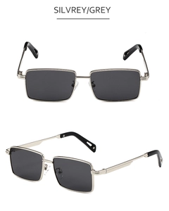 Close-up of square metal sunglasses with silver frame and grey lenses in dual view