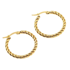 Close-up of gold twisted hoop earrings showing intricate rope texture and metallic finish