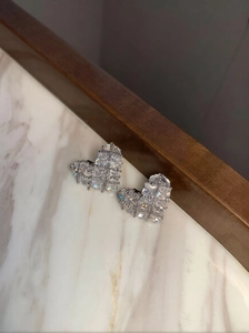 Macro detail of heart stud earrings with silver mesh cage covering clear zircons