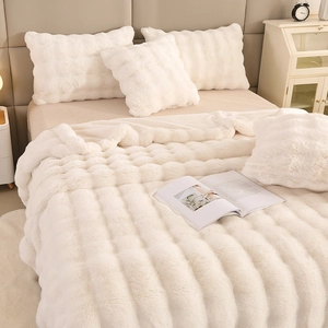Faux Rabbit Fur Plush Blanket Thickened Layered Warm Sofa Throw Bedding Solid Color Modern Cozy Soft Home Decorative