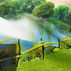 Close-up of bohemian nature tapestry showing dense fabric texture and landscape print