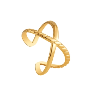 Macro view of golden double-ring ear cuff featuring smooth and twisted rope texture