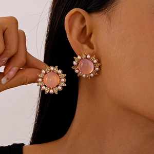 Vintage sunflower stud earrings with pink resin gem, pearls and gold finish for women