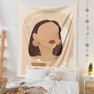 Detail of bohemian tapestry featuring abstract female silhouette with warm earthy tones