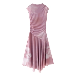 Detailed view of pink tie-dye sleeveless dress with pleated waist and asymmetric hemline