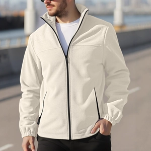 Men's heavyweight oatmeal fleece jacket with stand collar and full zipper closure