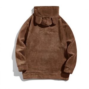 Brown hooded fleece jacket with bear ears design in soft plush flannel material