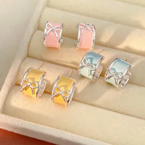 Colorful Enamel Bowknot Huggie Hoop Earrings With Silver Earring Post Fresh Sweet Minimalist Jewelry For Women