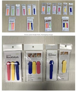 Detail of macaron color silicone bookmarks with metal clip and packaging instructions