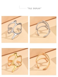 Detailed four-grid view showing irregular liquid metal rings in gold and silver finishes