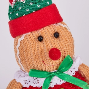 Macro shot of gingerbread man doll showing red knit hat and white lace collar details