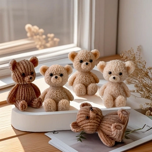 Miniature bear shaped scented candles in brown and beige with detailed woven textures