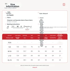 Detailed size chart for thermal fleece yoga bodysuit showing dimensions from S to XL