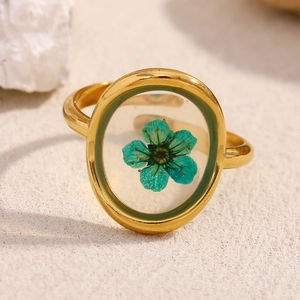 Vintage Natural Dried Flower Resin Open Ring Stainless Steel 18K Gold Plated Adjustable Oval Finger Jewelry For Women