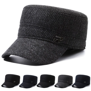 Men Winter Cadet Cap Warm Wool Blend Flat Top Hat With Ear Flaps Adjustable Military Style Thick Outdoor Headwear
