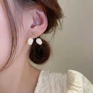 French style gold bow tulip drop earrings with elegant white flower charms for women