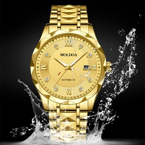 Luminous gold men's quartz watch with date display and diamond dial markings