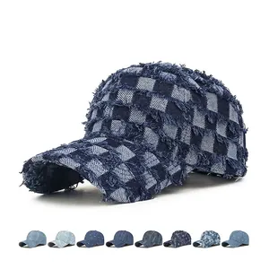 Baseball Cap Denim Cotton Adjustable Retro Vintage Sun Hat Unisex Rhinestone Checkered Star Bow Pattern