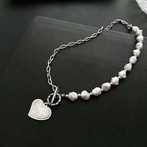 Splicing Heart Pendant Necklace Titanium Steel Imitation Artificial Pearl Half Chain Choker Toggle Clasp Chic Jewelry For Women