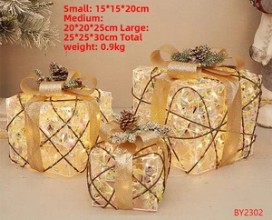 Detailed view of glowing Christmas gift boxes with pine cones and golden glitter bows