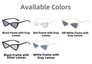 Detailed grid showing cat-eye sunglasses in black, red, white, and silver mirror lenses