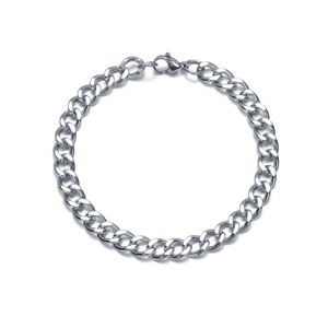 Detailed view of silver Cuban link chain bracelet with a secure lobster clasp on white backdrop