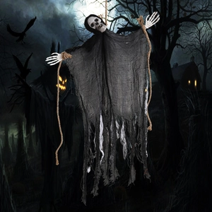 Halloween hanging skeleton ghost with tattered black gauze and rustic rope details