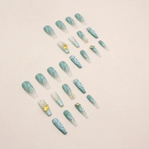 Long ballet press-on nails with sage green gradient, floral art, and gold butterfly accents