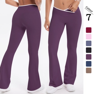 Women's High Waist Flared Yoga Pants V-Cross Waistband Contrast Trim Slim Fit Bootcut Workout Leggings Flared Leg Bottoms