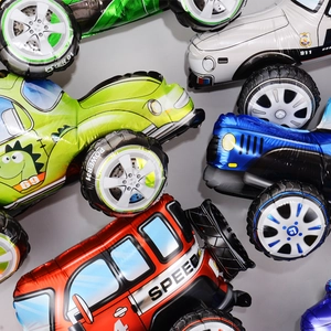 Detail of 3D cartoon vehicle foil balloons showing race car and police car designs