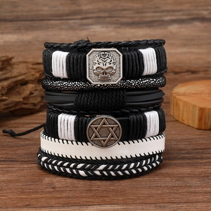 Men Bracelet Multilayer Braided Leather Alloy Skull Hexagram Adjustable Jewelry Accessory Punk Style Unisex