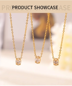 Vertical showcase of gold-plated necklaces with oval zircon pendants on fine chains