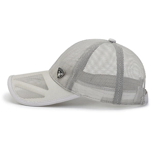 Light gray breathable mesh baseball cap with metal shield logo for outdoor sports