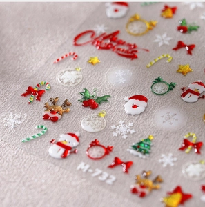 Detailansicht der 5D geprägten Weihnachts-Nagelaufkleber mit Schneemann und Rentier