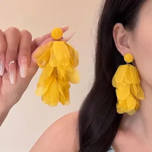 Elegant yellow tulle flower tassel earrings with layered petals and beaded studs for women