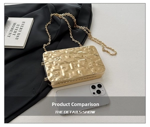 Detail show of gold metallic evening clutch with pleated texture and phone size comparison